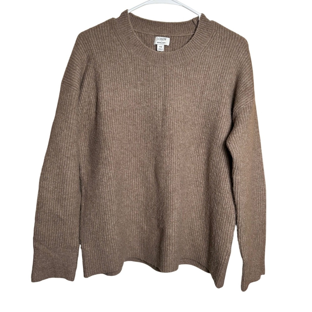 J. Crew Extra-Soft Ribbed Crewneck Sweater Wool Blend Taupe Brown XS Relaxed Fit